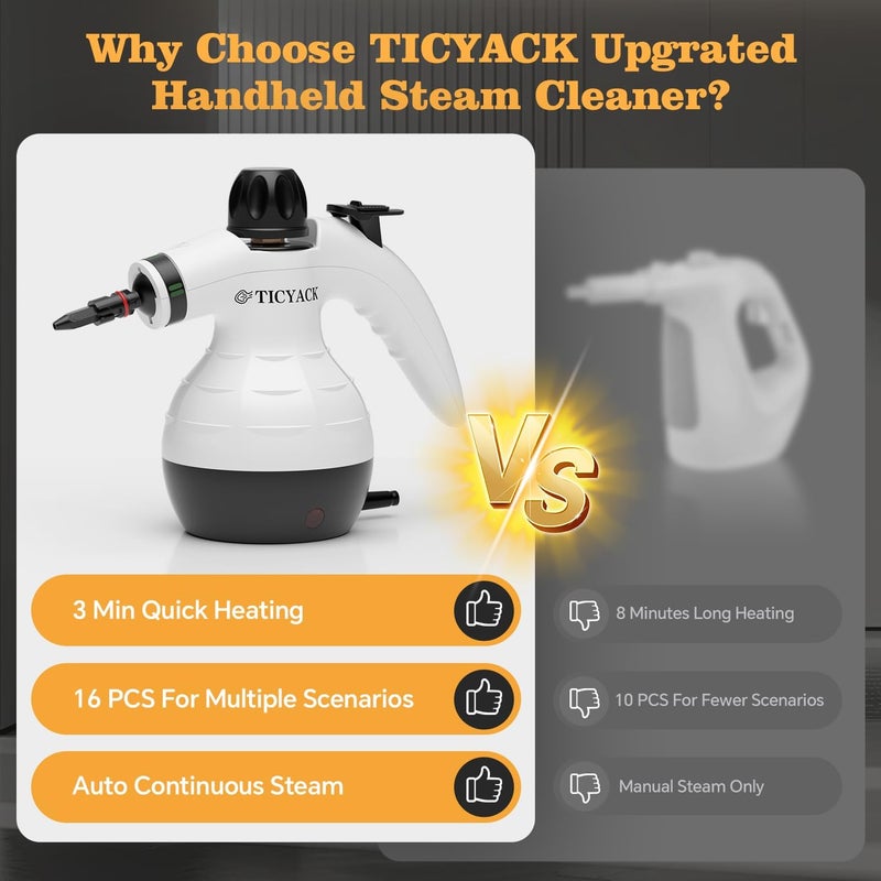 TICYACK منظف بخار، منظف بخار محمول للمنزل، مجموعة منظف بخار مكونة من 16 قطعة مع مفتاح بخار تلقائي، منظف للمطبخ، الحمام، السيارة، غرفة المعيشة والتنظيف العميق على أسطح متعددة (أبيض) - Image 4